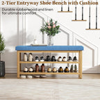 2 Tier Shoe Rack Bench with Cushion, Rubberwood Shoe Benches, Mid-Century Modern Shoe Storage Bench for Entryway, Hallway, Living Room, Closet, Front Door Entrance, Blue