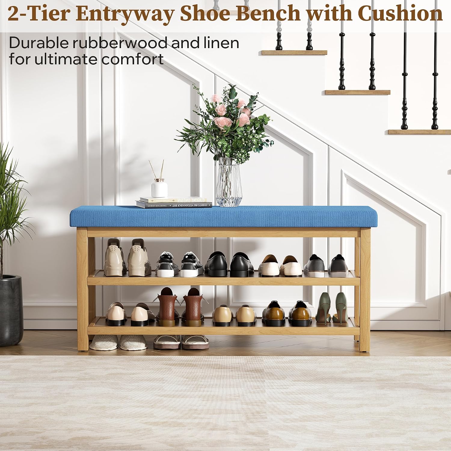 2 Tier Shoe Rack Bench with Cushion, Rubberwood Shoe Benches, Mid-Century Modern Shoe Storage Bench for Entryway, Hallway, Living Room, Closet, Front Door Entrance, Blue
