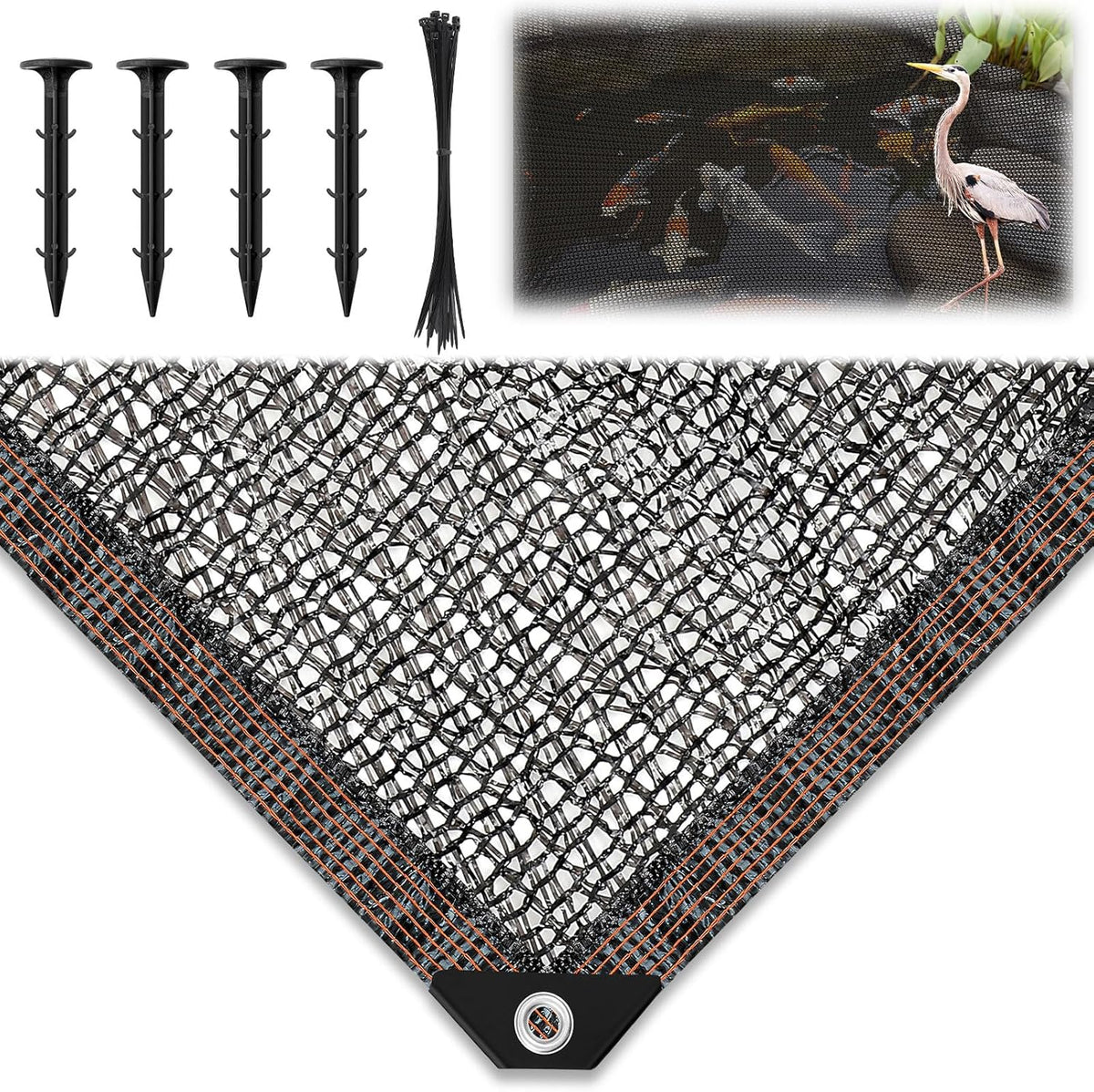 Koi Pond Netting Kit 15 x 20ft, Heavy-Duty Pe, Bird Deer Fence Netting, Durable Net Cover for Leaves, Protect Fish from Blue Heron Bird, Cats & Predators, Stakes & Ties Included