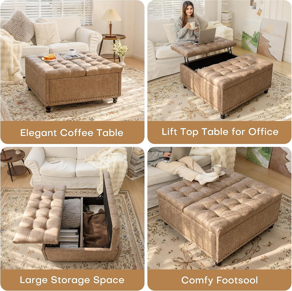 Redlife 35 Inch Large Square Storage Ottoman, Coffee Table Ottoman, Faux | Lift Top Ottomans Bench Square Footrest Oversized Upholstered Coffee Table for Living Room Bedroom Faux Leather (Champagne)