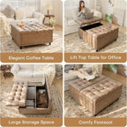 Redlife 35 Inch Large Square Storage Ottoman, Coffee Table Ottoman, Faux | Lift Top Ottomans Bench Square Footrest Oversized Upholstered Coffee Table for Living Room Bedroom Faux Leather (Champagne)