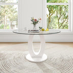 RGZ 39'' Modern Luxury Clear Glass Round Dining Table for 4-6, Glass Circle Top Kitchen Table with Elegant Gold Decorative Strips & White Base, Small Apartment Dinner Table for Home, Living Room
