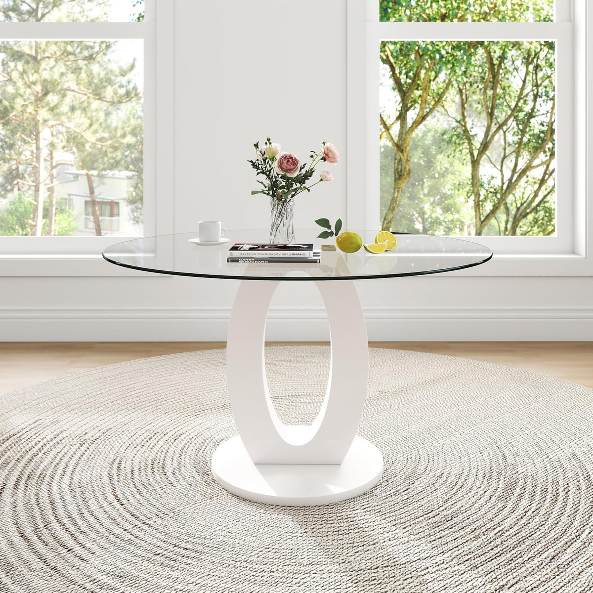 RGZ 39'' Modern Luxury Clear Glass Round Dining Table for 4-6, Glass Circle Top Kitchen Table with Elegant Gold Decorative Strips & White Base, Small Apartment Dinner Table for Home, Living Room