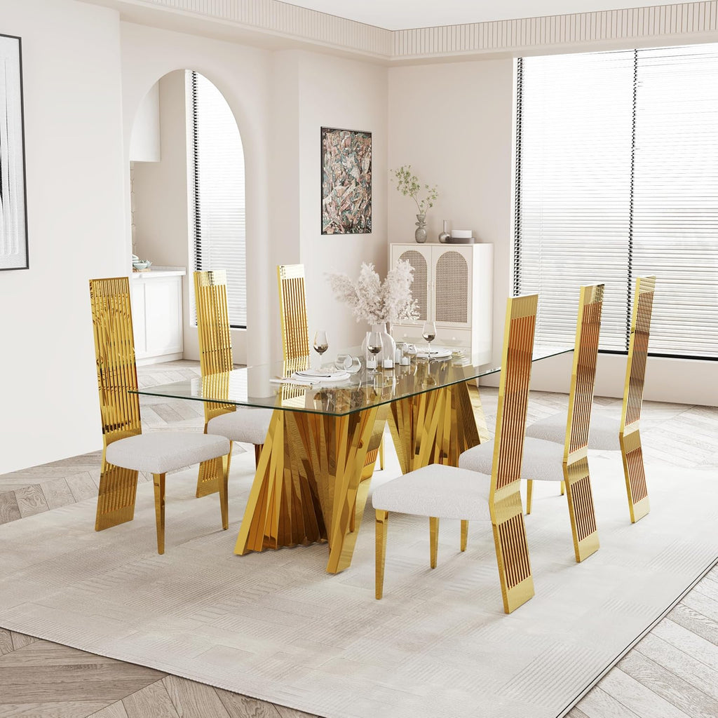 Dining Chairs Set of 6, Luxury Upholstered Boucle Chairs with Slatted Mirrored Polished Metal High Back and Legs, Modern White and Gold Dining Chairs with Breathable Backrest