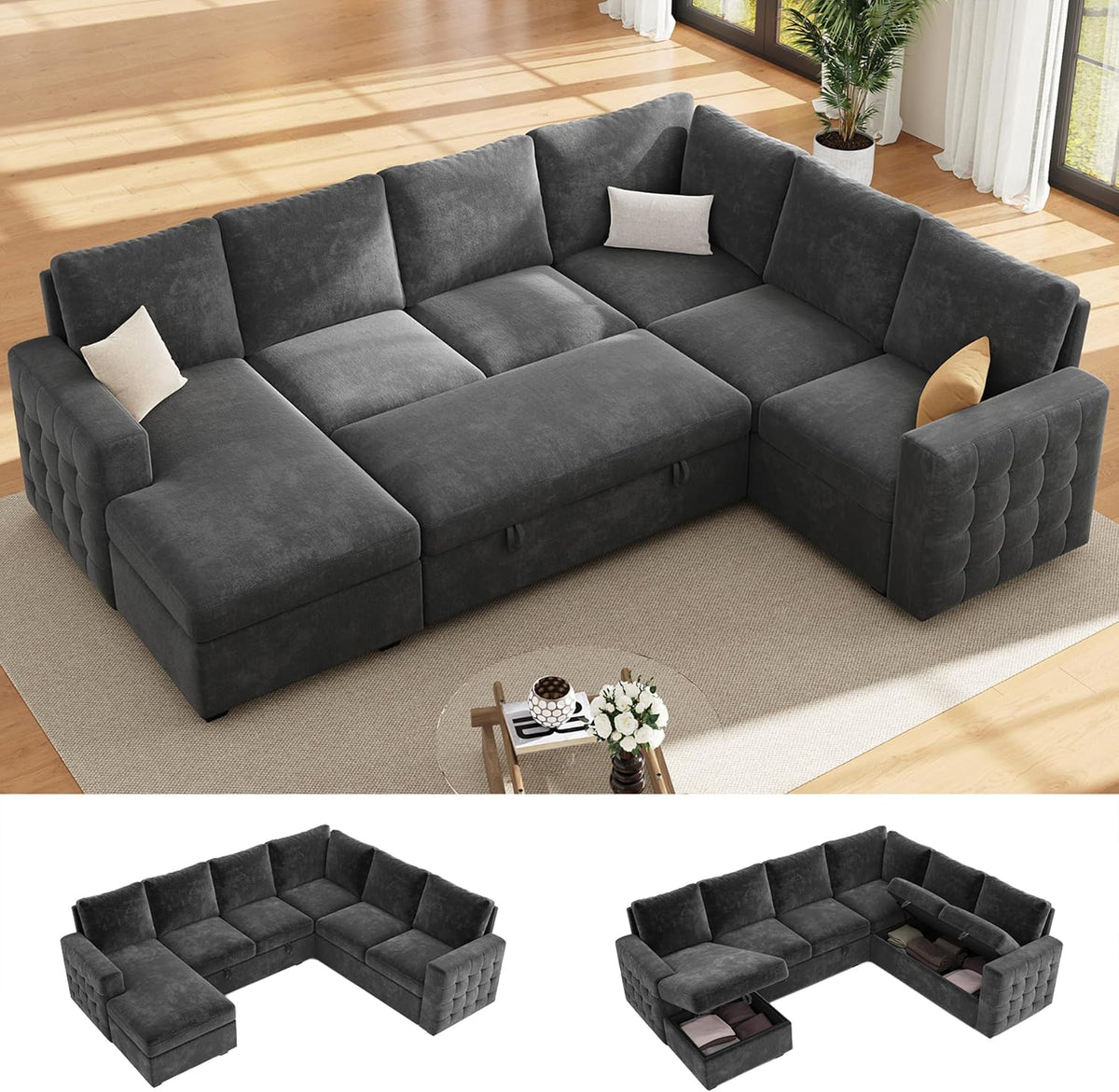 104" Sectional Sleeper Sofa Bed, 7 Seat Pull Out Couch with Storage, Gray | U Shaped Sectional Couches for Living Room, Apartment and Guest Room, Chenille Upholstered Sectional Couch