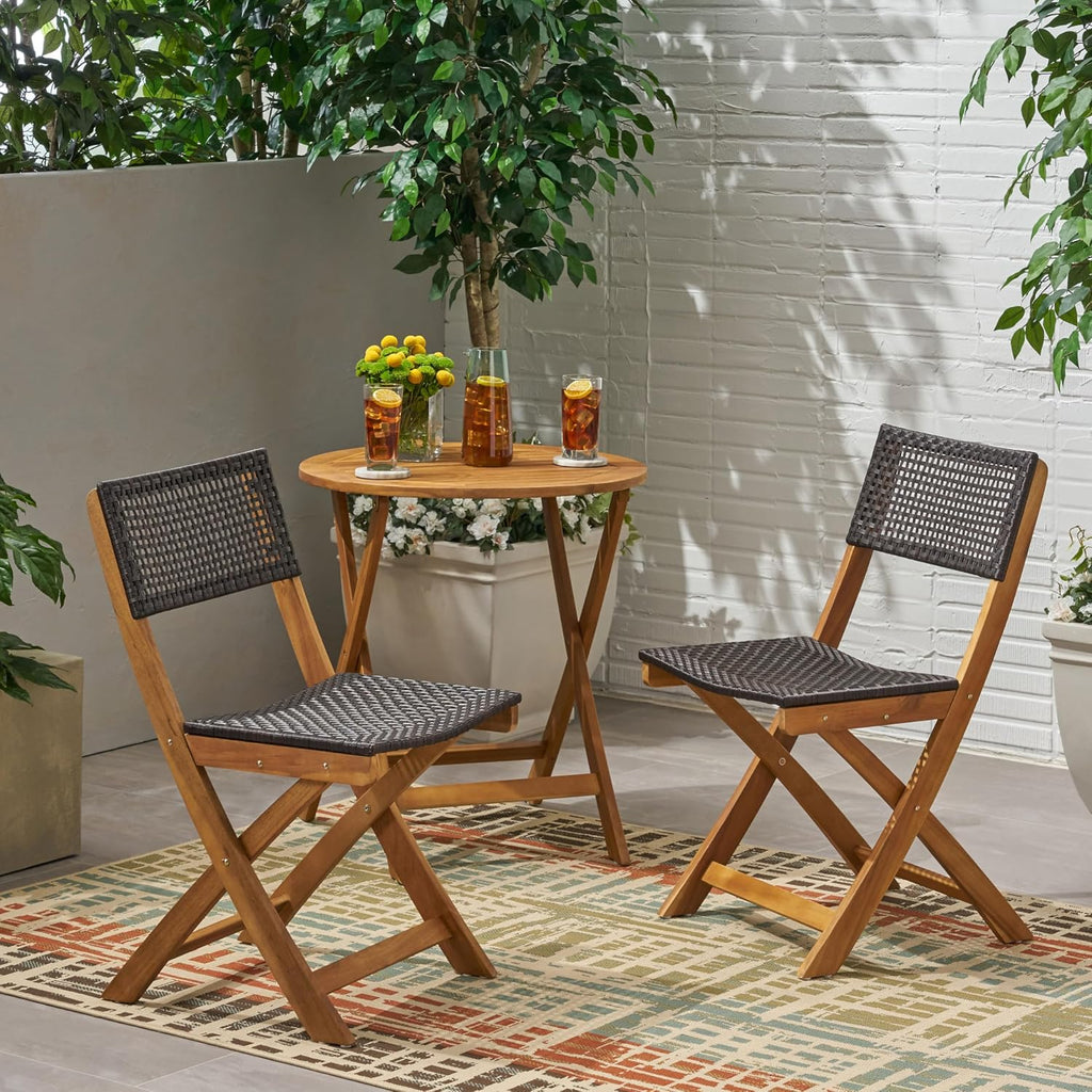 Wicker Patio Chairs Set of 2, Foldable Acacia Wood Outdoor Bistro Chairs with Woven Cane Seating for Garden, Backyard, or Balcony