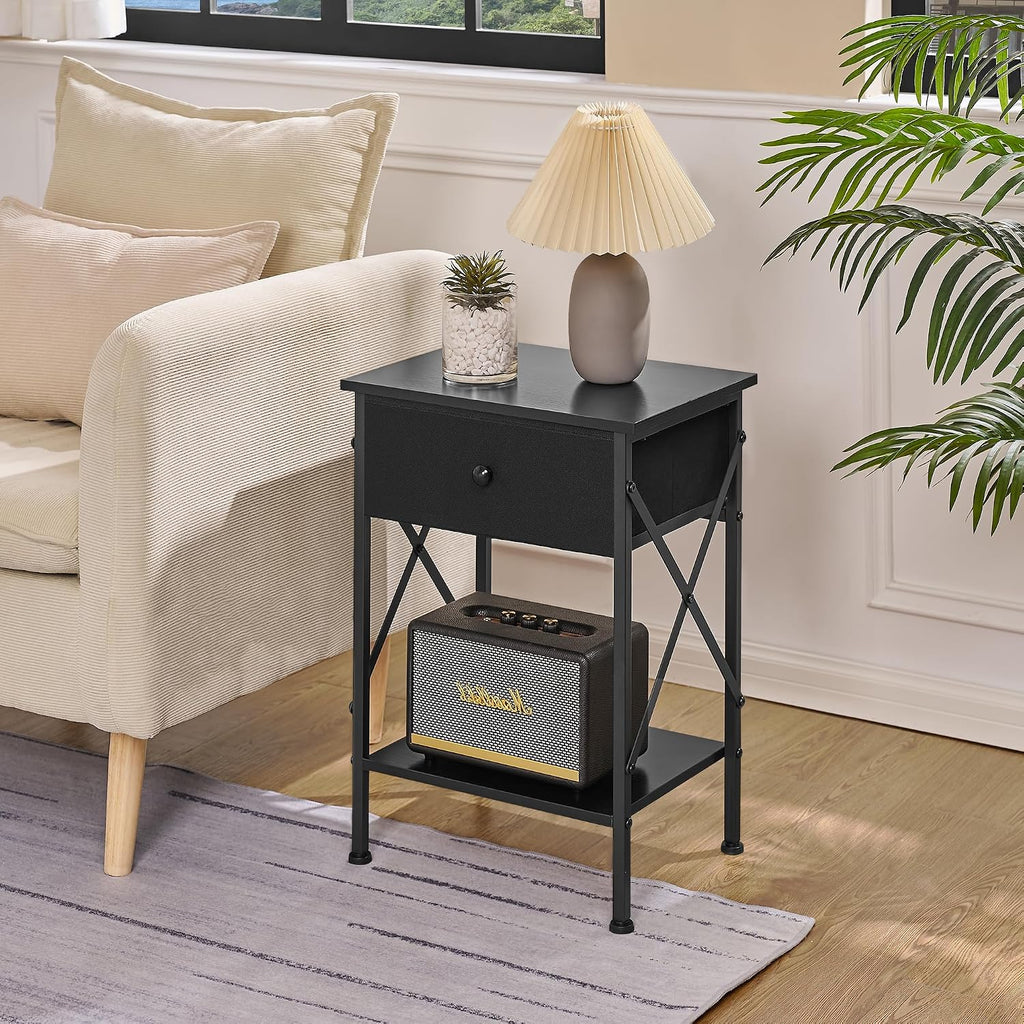 VECELO Nightstand Set of 2, X-Design End Side Table with Fabric Storage Drawer and Open Shelf, Bedside Night Stand with Steel Frame for Bedroom, Living Room,Dorm, Easy Assembly, Black