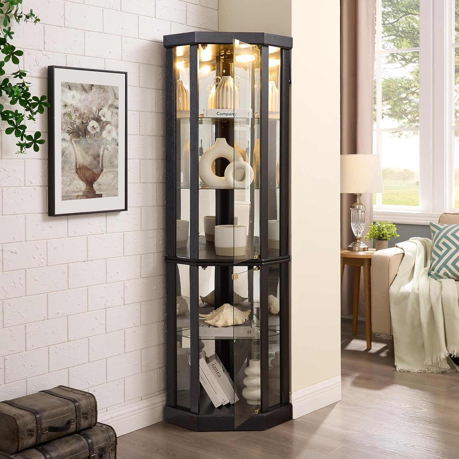 Lighted Corner Curio Cabinet - Elegant Glass Display Case for Living Room & Bar Storage - Perfect for Antique Collections & Wine - Includes Built-in Lighting - Black