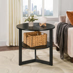 Round End Table, Farmhouse Side Table with Solid Wood Criss-Cross Legs for Small Space, Circle Beside Table with 2 Storage Shelves , SofaTable for Living Room, Bedroom, Nightstand, Black CJZ