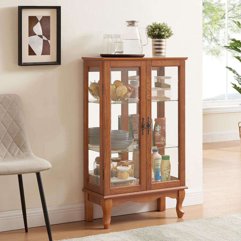 3-Tier Lighted Glass Display Curio Cabinet with 2 Tempered Glass Doors,Curio Case with Mirrored Back Panel & Adjustable Shelves,Wine Artwork Display Cabinet for Living Room,Kitchen(Oak_2)