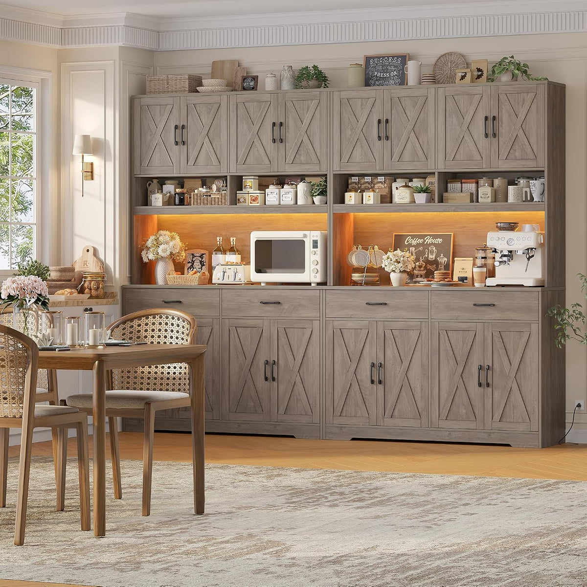 HOSTACK Modern Farmhouse Pantry Cabinet, 75" Tall Kitchen Pantry Storage Cabinet with Charging Station, RGB LED Light, Multi-Purpose Kitchen Storage Hutch Cabinets with Adjustable Shelves, Ash Grey