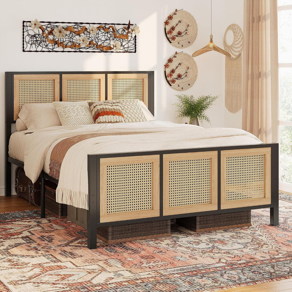 LIKIMIO Queen Bed Frame, Platform Bed Frame with Rattan Headboard
