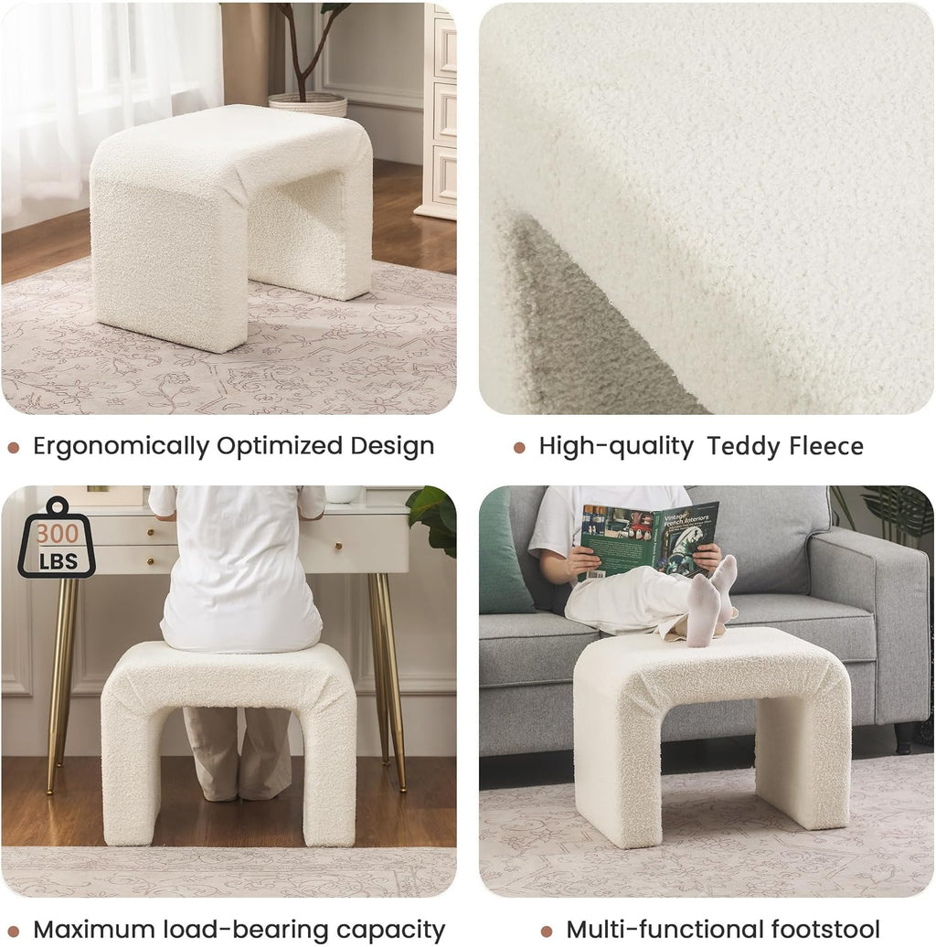 Modern Boucle Ottoman Footstool, 24" Arched Upholstered Vanity Stools for Makeup Room, Small Foot Rest for Entryway, Living Room, Bedroom (Fully Assembled)，White
