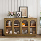 SOFTSEA Farmhouse 58" Sideboard with Adjustable Shelves, Glass Arch Buffet Cabinet for Kitchen and Living Room, Old Pine