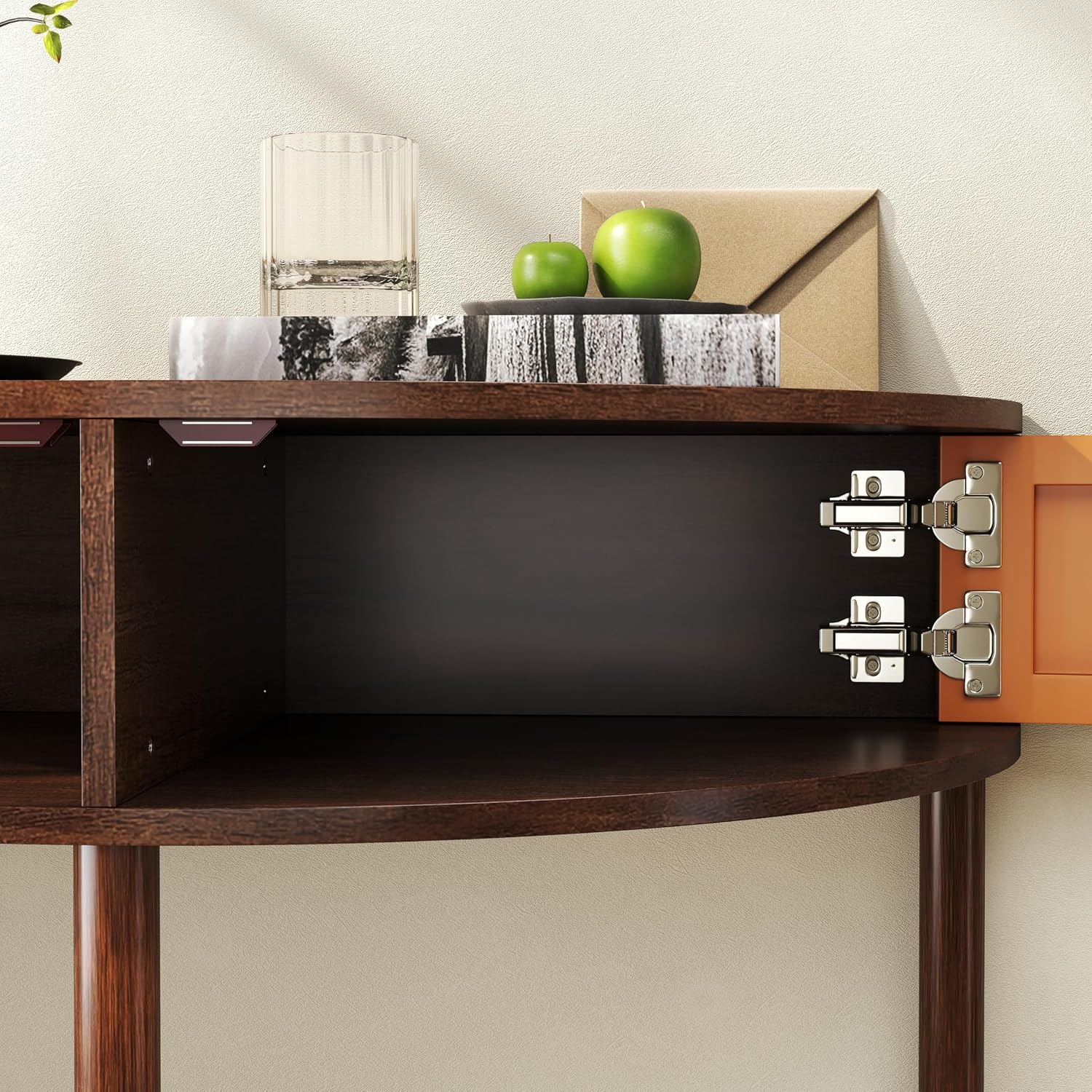 Knocbel Half Moon Console Table with Wave-Pattern Door, Semi-Circle Sofa End Table with 2 Storage Drawers and Bottom Shelf for Entryway Living Room, 31.5" W x 15.75" D x 32.3" H, Brown
