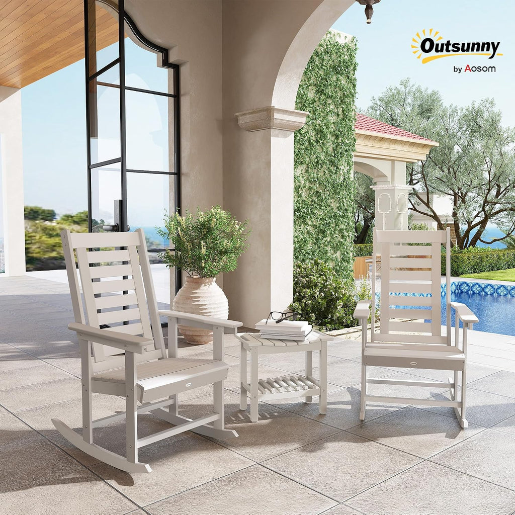 Outsunny Outdoor Rocking Chairs Set of 2 HDPE Patio 28" High Back White | Wide Armrests, All-Weather Slatted Porch Rockers, Garden, Balcony, Fire Pit