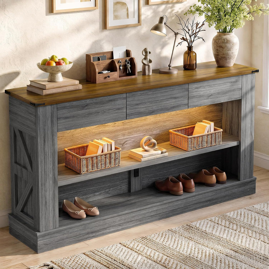 Miereirl 63" Console Table with Drawers & LED Light, Brown & Dark Grey