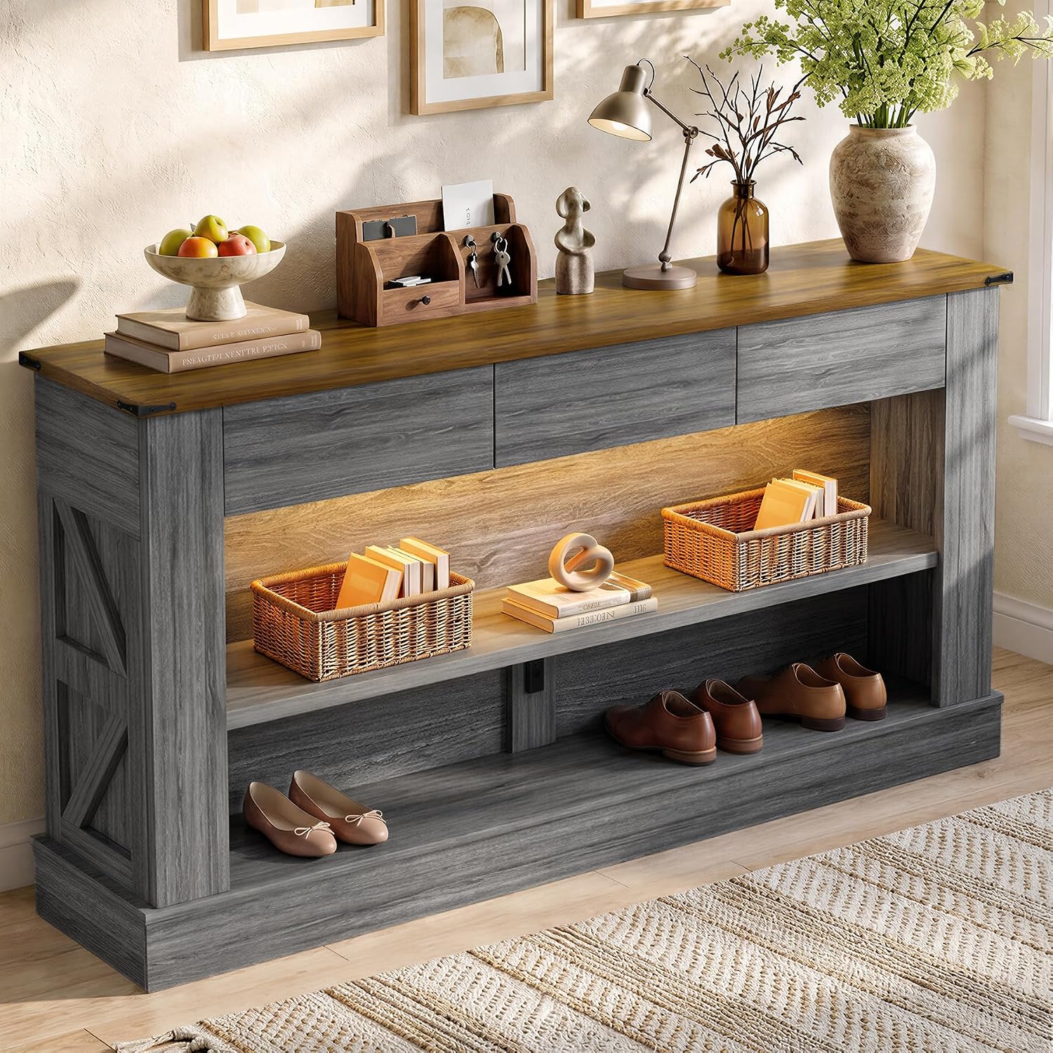 Miereirl 63" Console Table with Drawers & LED Light, Brown & Dark Grey