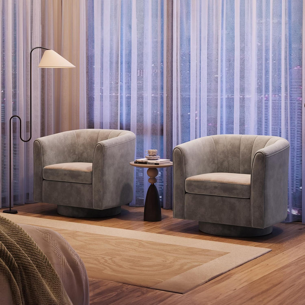 LINSY Swivel Accent Chair with Ottoman: Small Velvet Barrel Chair 360 Swivel Modern Armchair, Upholstered Reading Chair with Footrest for Living Room Bedroom Study Room (Grey)