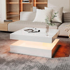 HedoAjim White LED Coffee Table for Living Room, 2-Tier Square Center Table Living Room Table, Modern High Glossy Contemporary Wood Coffee Tables with Storage, Suitable for Dining Reception