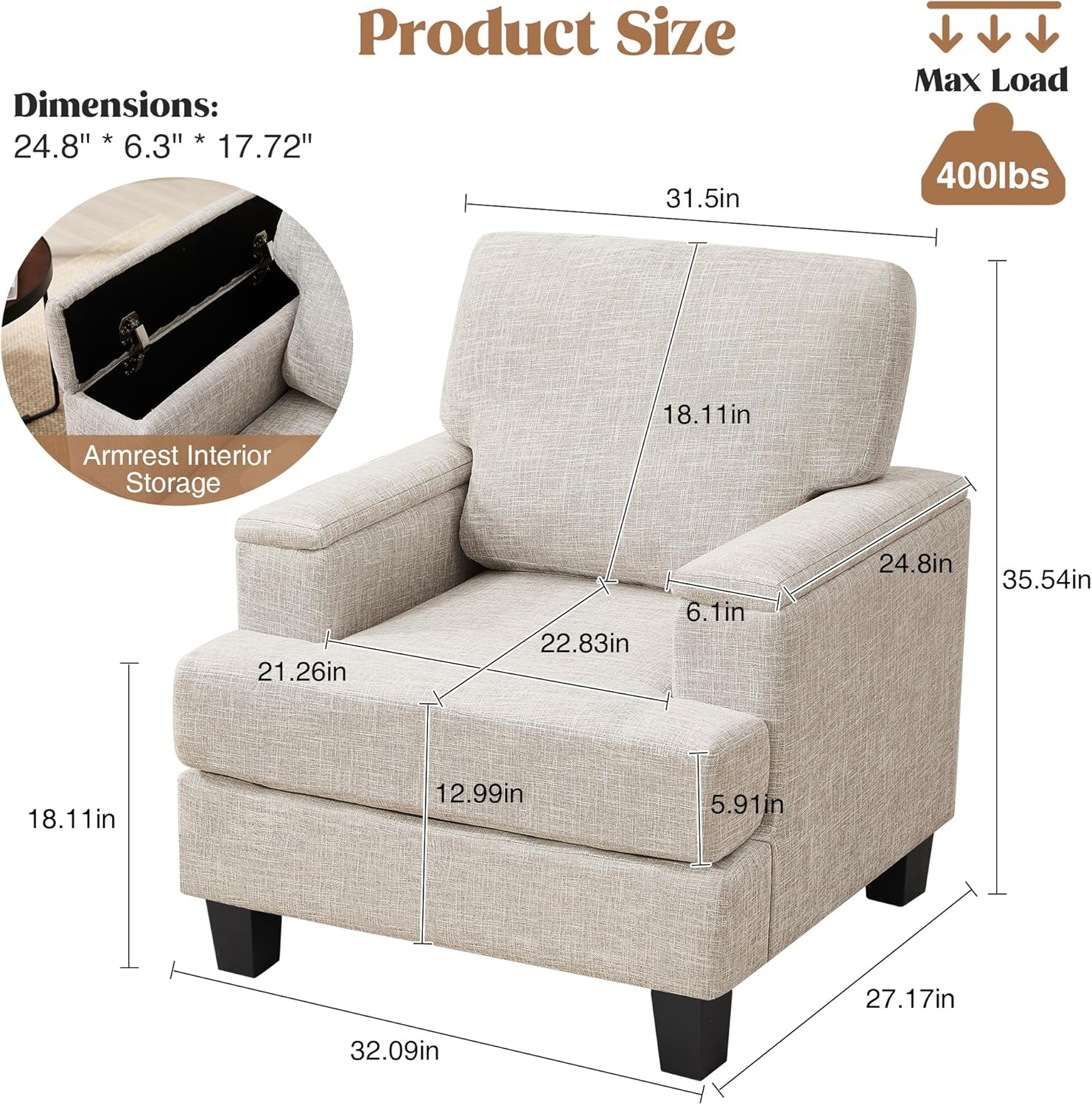 Accent Chairs Set of 2 with Armrest Storage, Modern Reading Living Room Chair, Upholstered Comfy Large Armchairs, Fabric Single Sofa Chair for Bedroom (Beige)