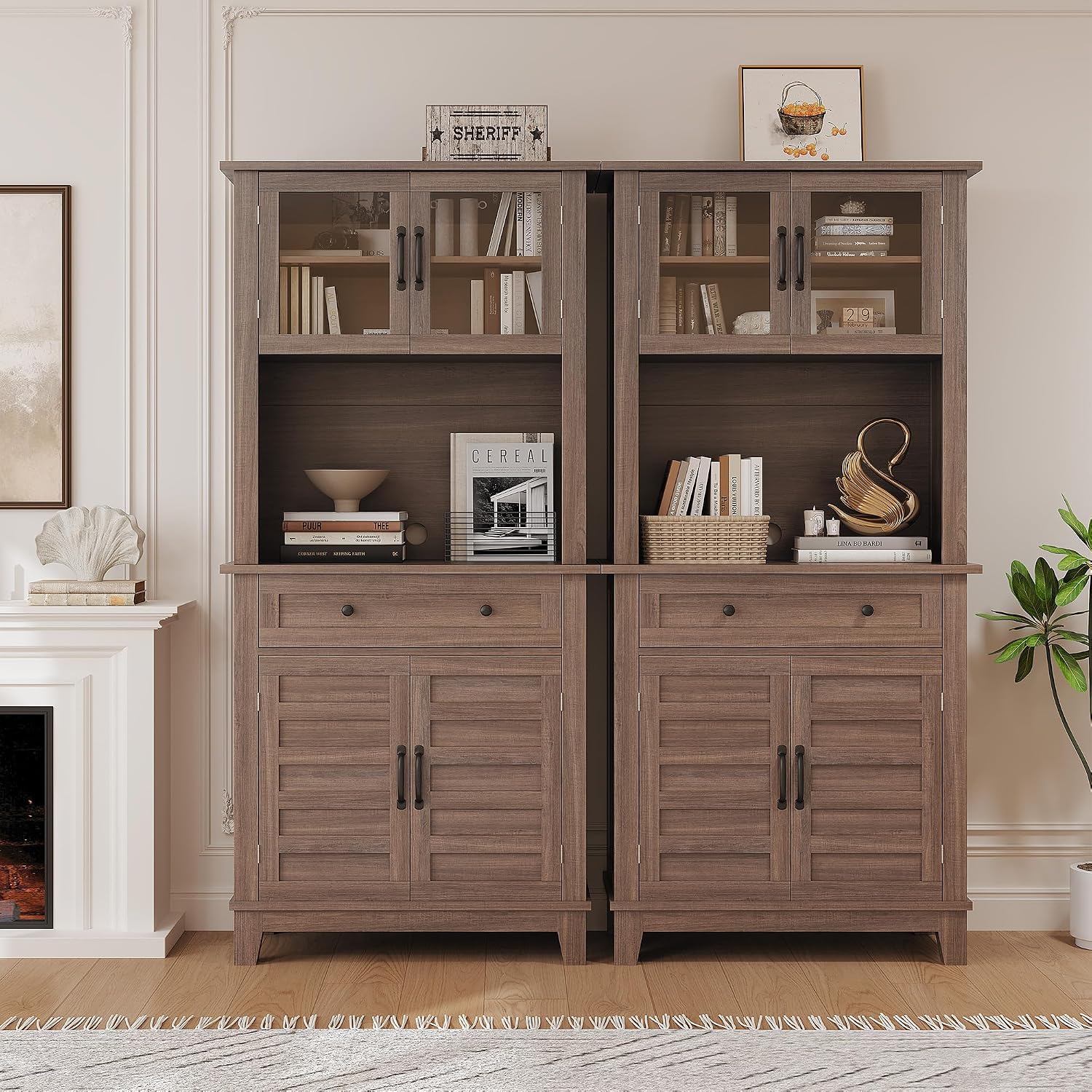 GarveeHome 72 in Tall Kitchen Pantry Cabinet, Kitchen Hutch Bar Cabinet with Microwave Stand, Cupboard with Drawers & 2 Glass Doors for Dining Room, Living Room, Kitchen, Dark Brown
