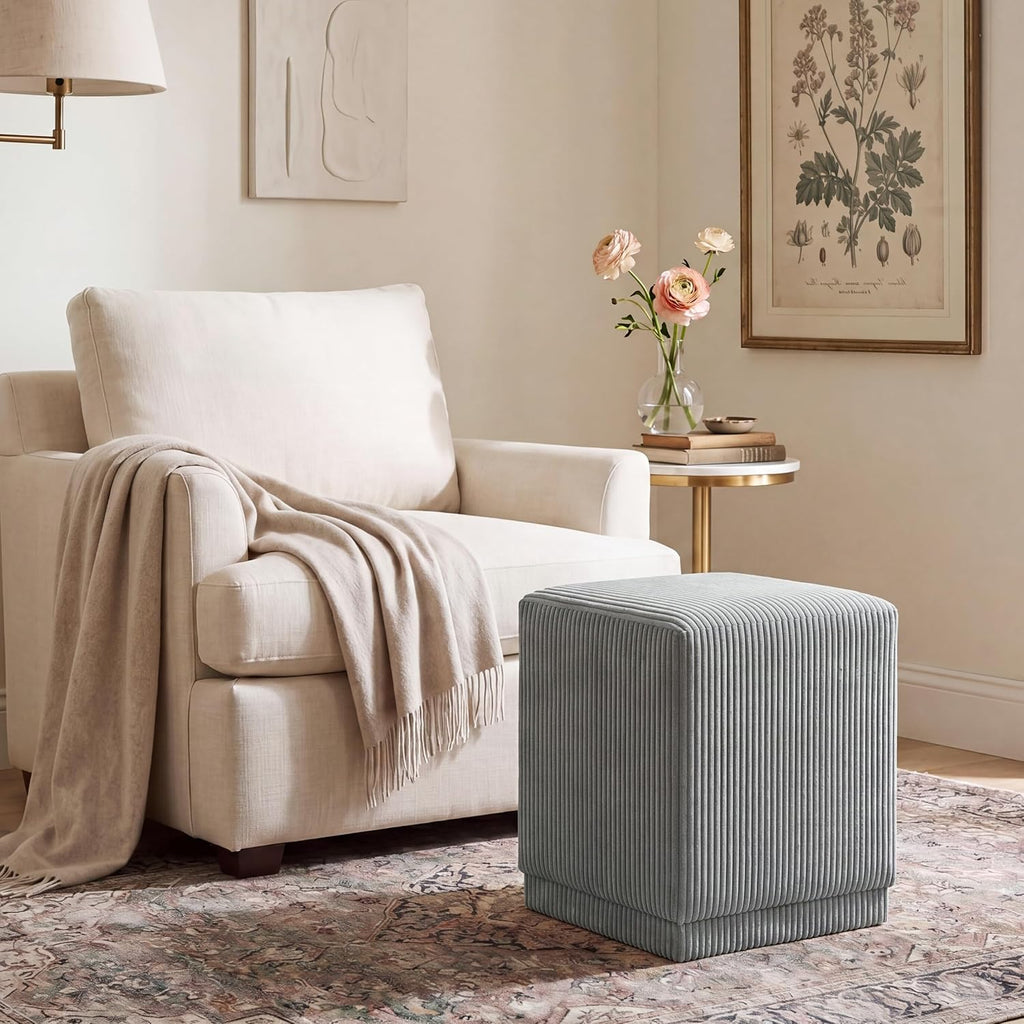 Homebeez Modern Square Ottoman, Vertical Channel Tufted Foot Stool Ottoman, Corduroy Velvet Upholstered Vanity Stool for Makeup, Bedroom, Living Room, Light Gray