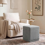 Homebeez Modern Square Ottoman, Vertical Channel Tufted Foot Stool Ottoman, Corduroy Velvet Upholstered Vanity Stool for Makeup, Bedroom, Living Room, Light Gray