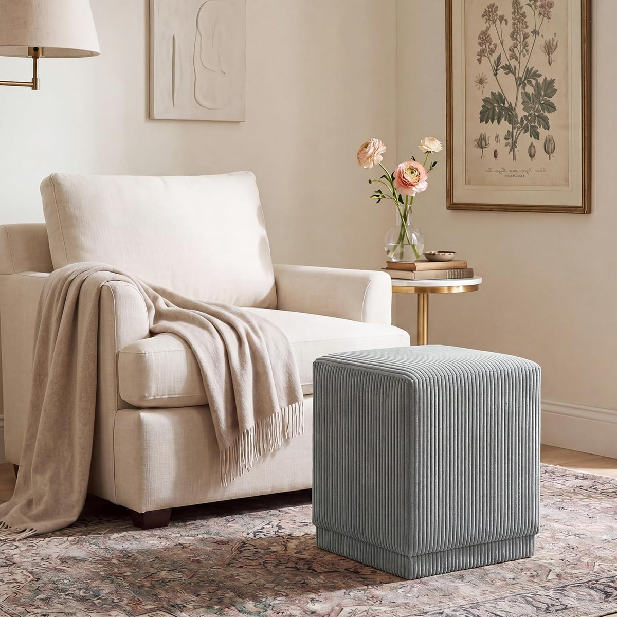 Homebeez Modern Square Ottoman, Vertical Channel Tufted Foot Stool Ottoman, Corduroy Velvet Upholstered Vanity Stool for Makeup, Bedroom, Living Room, Light Gray