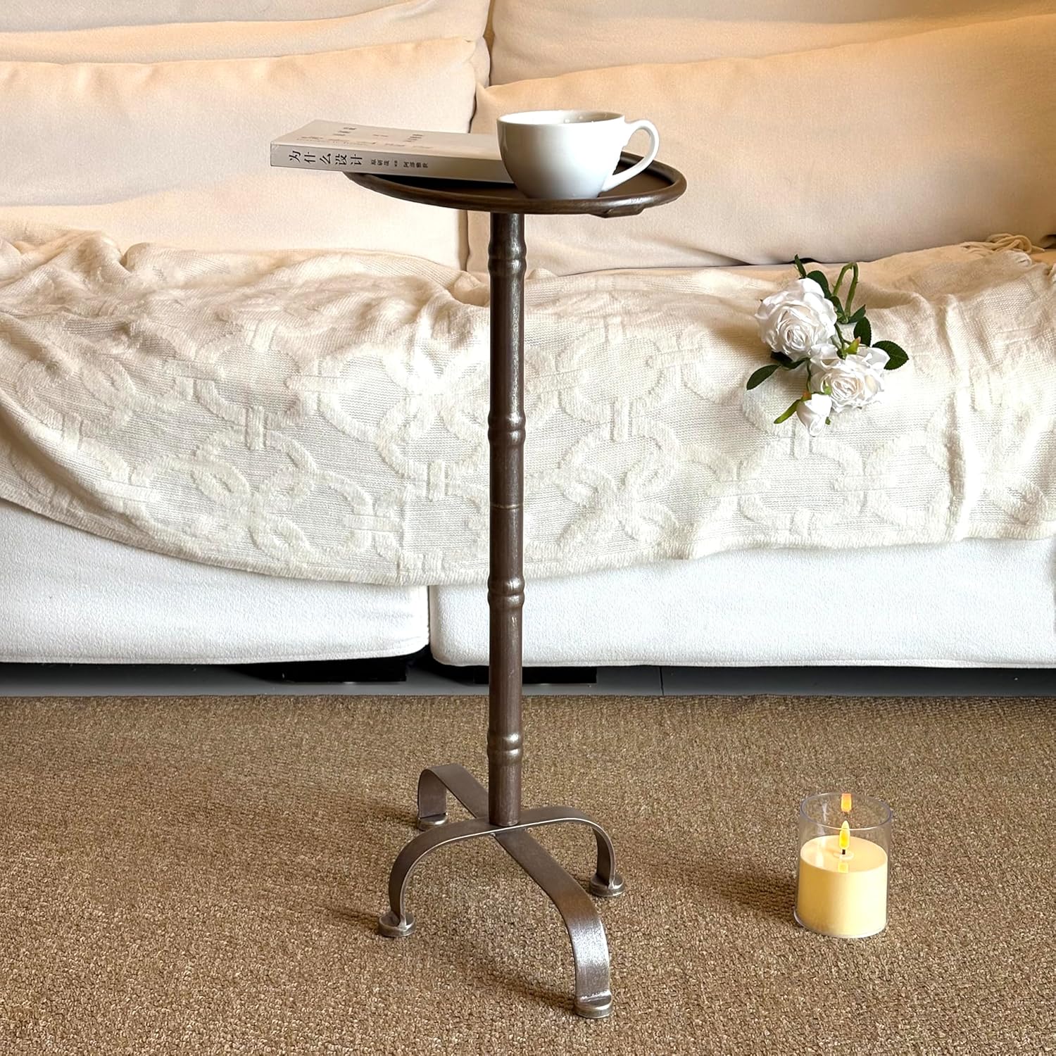 Premium Industrial Mid-Century Modern Small Metal Pedestal Side Table, Vintage Martini Cocktail End Table, Mini Drink Table, Accent Table, for Livingroom, Bedroom, Bathroom, Balcony & Small Spaces