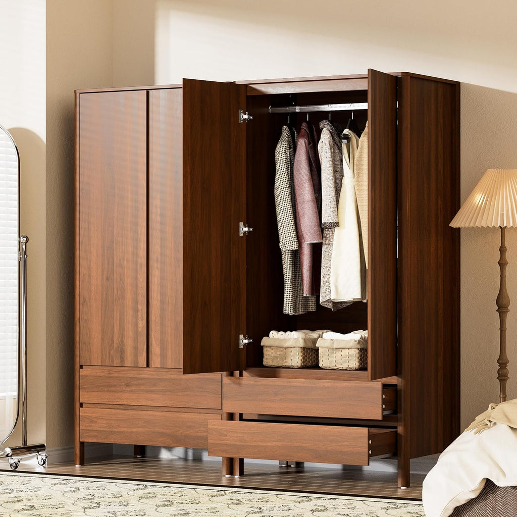 Furniway Armoire Wardrobe Closet, 70.9" Tall Wardrobe Cabinet with 2 Doors, 2 Large Drawers and Hanging Rod, Wooden Clothing Storage Cabinet for Bedroom, Cloak Room, Walnut