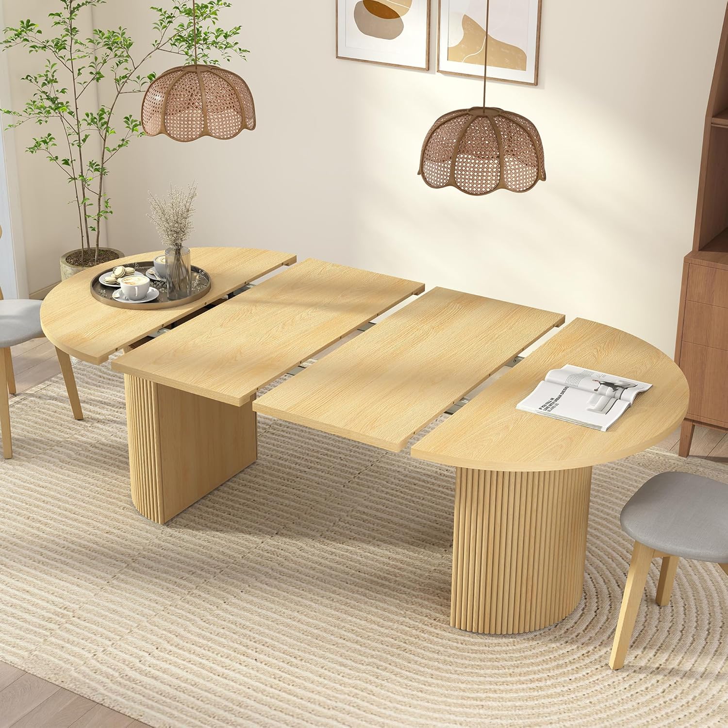 Extendable Dining Table 41–78 Inch, Round to Oval Expandable Kitchen Table for 4–8 People, Fluted Base Modern Farmhouse Design for Dining Room or Living Room, Natural Wood Finish