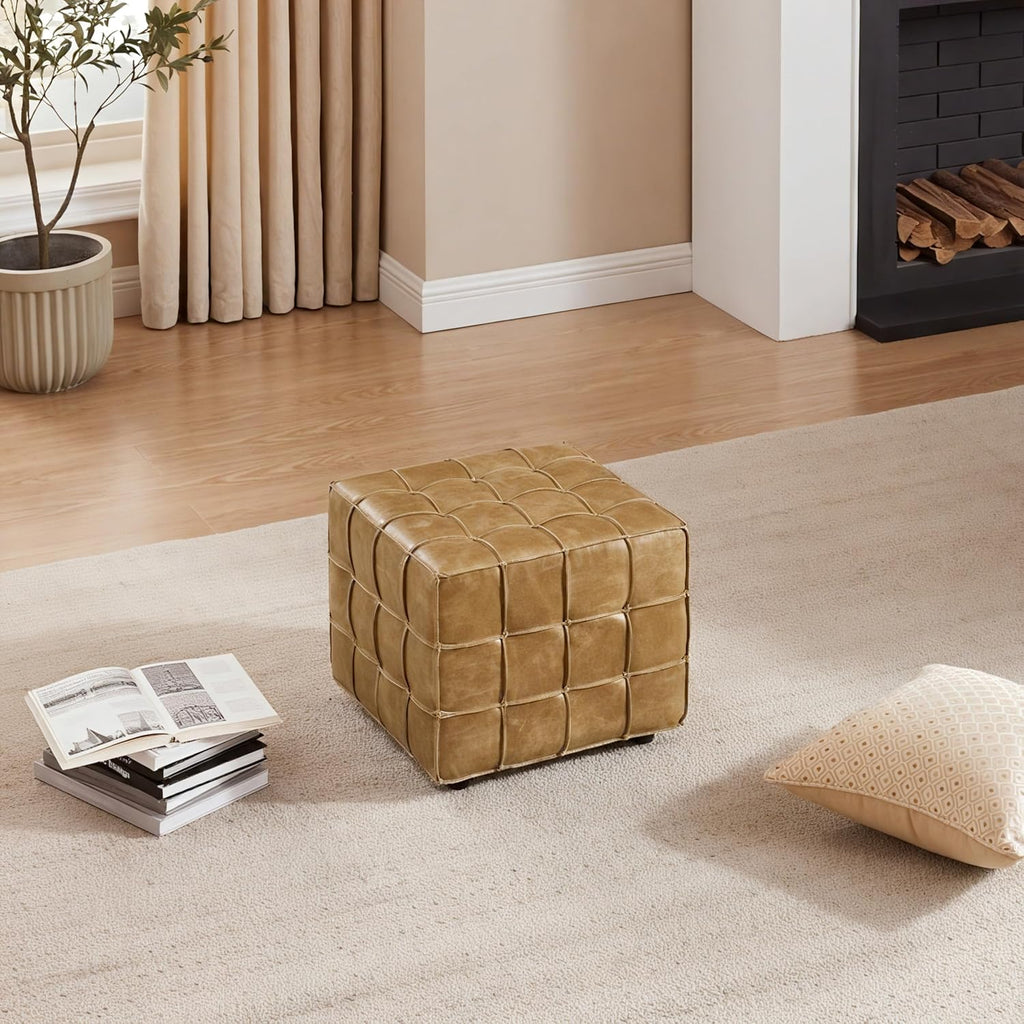 Art Leon Tufted Square Ottoman Leather Footstool Foot Rest Light Brown | Biscuit Tuftinghigh-Density Foamsolid Wood Frame Non-Slip Feet Footrest Extra Seat Seat Living Room Furniture