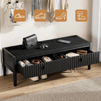 Furniway Black Fluted Shoe Bench with 2 Drawers, Entryway Storage Bench with Thick Padded Cushion Seat, Open Bottom Shoe Storage Shelf for Hallway, Living Room, Bedroom, 47.2" W