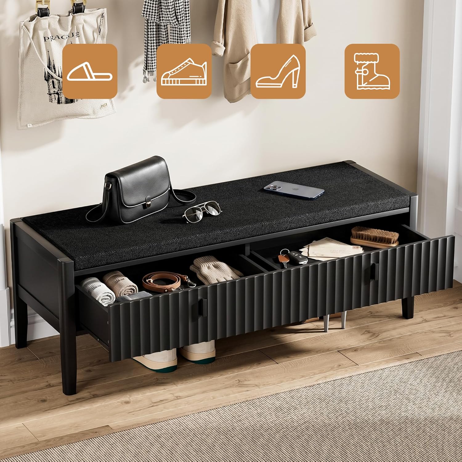 Furniway Black Fluted Shoe Bench with 2 Drawers, Entryway Storage Bench with Thick Padded Cushion Seat, Open Bottom Shoe Storage Shelf for Hallway, Living Room, Bedroom, 47.2" W