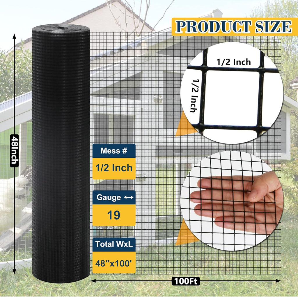 Sunnyglade Hardware Cloth, 1/2 Inch 48" x 100 ft Black Vinyl Metal Mesh Roll, 19 Gauges Chicken Wire Fence Roll, Welded Wire Fencing PVC Coated Wire Fence Rolls for Chicken Coop, Poultry (Black)
