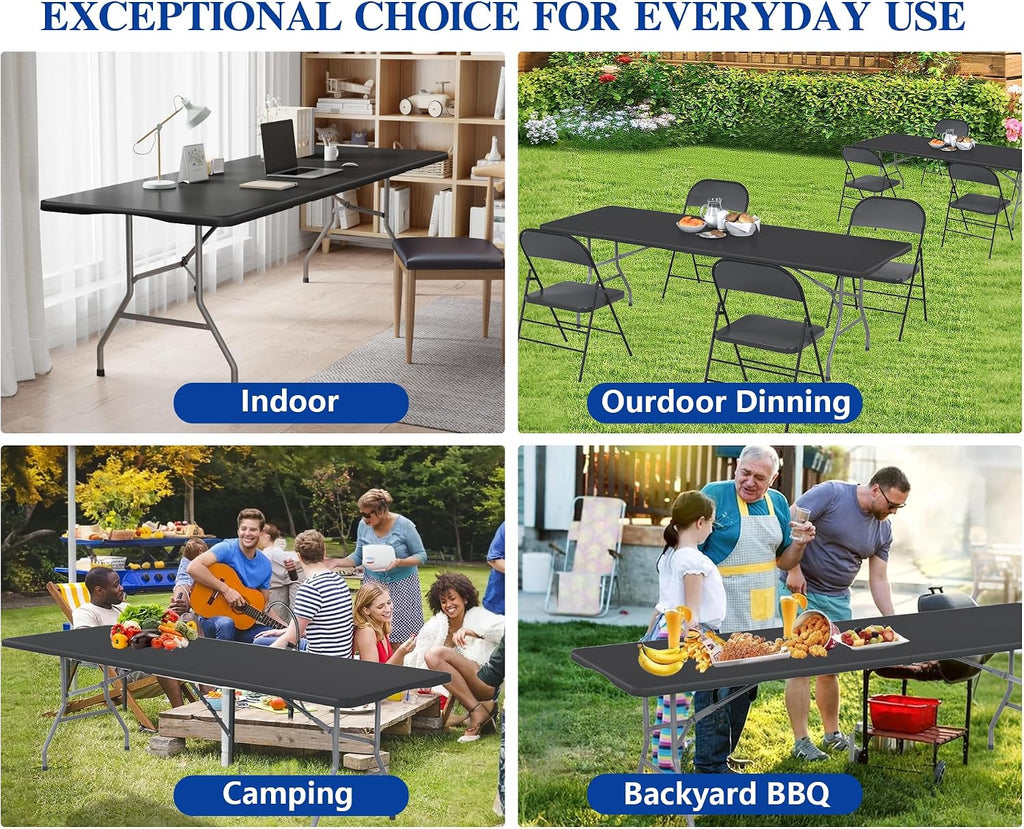 8FT Folding Tables – Heavy Duty Portable Foldable Picnic Table with Built-in Handle, 450 lb Capacity – Ideal for Events, Parties, Crafts, Camping & Dining (10-Pack, Black)