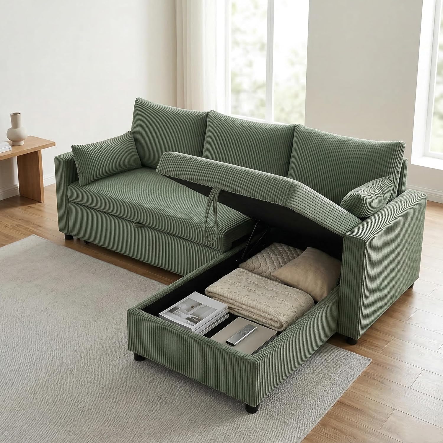 Ball & Cast 86" Sectional Sleeper Sofa Bed Pull Out Couches for Living Room | L Shaped Convertible Pull Out Sofa Bed with Reversible Storage Chaise and Side Pocket, 3-Seat Sofa for Small Space Apartment