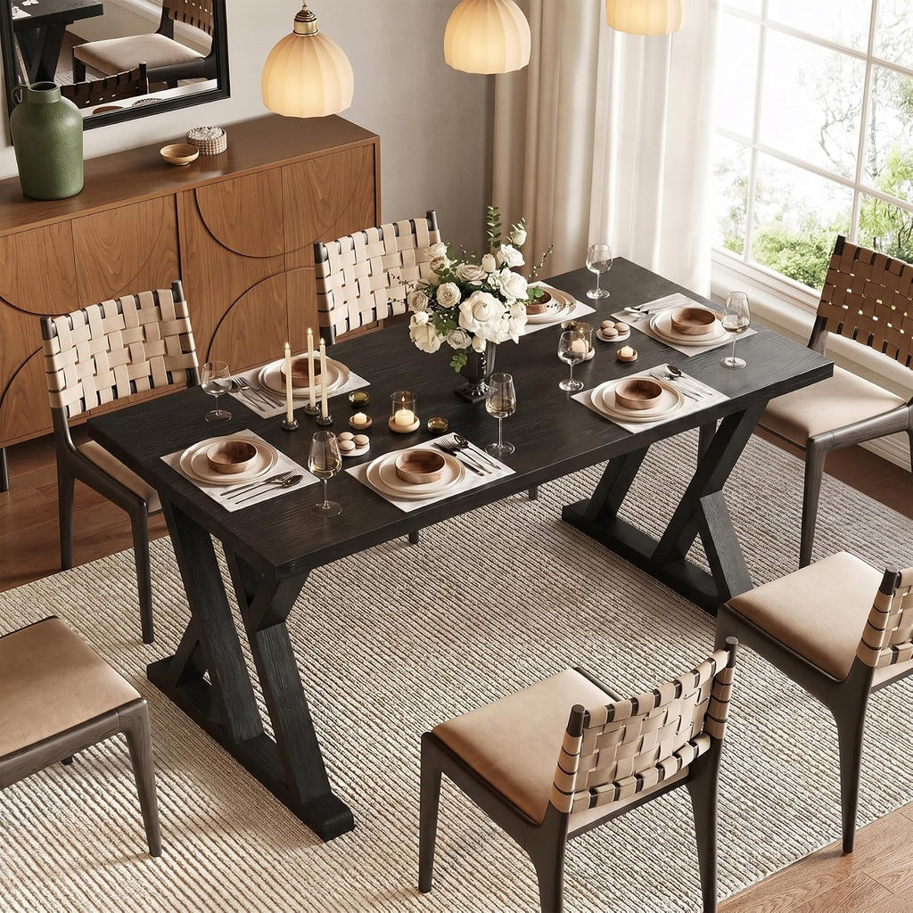 Solid Wood Dining Table for 4-6 People, 63 Inches Wooden Farmhouse Rectangular Kitchen Dinner Table with Heavy-Duty Legs for Home, Living Room, Dining Room, Black