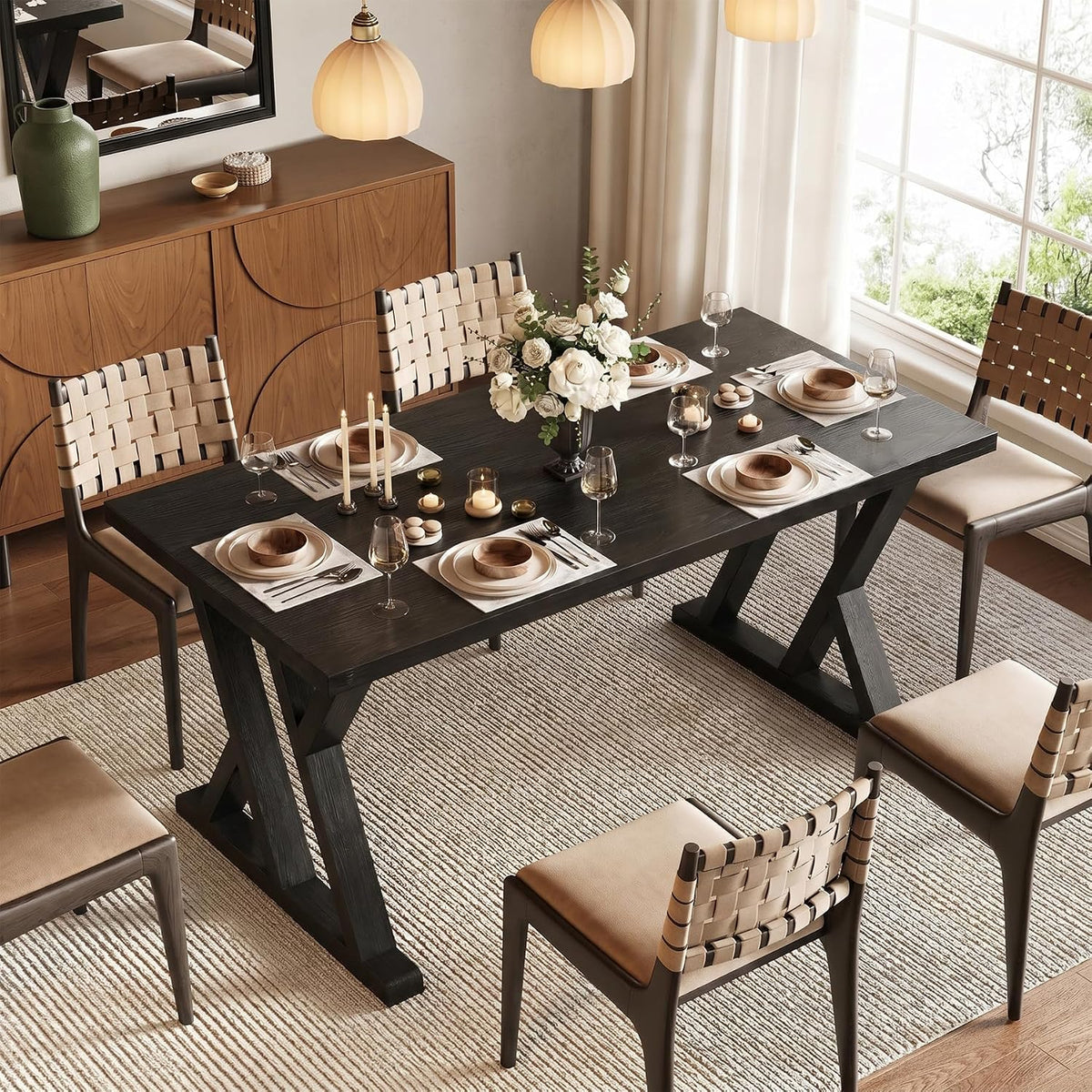 Solid Wood Dining Table for 4-6 People, 63 Inches Wooden Farmhouse Rectangular Kitchen Dinner Table with Heavy-Duty Legs for Home, Living Room, Dining Room, Black