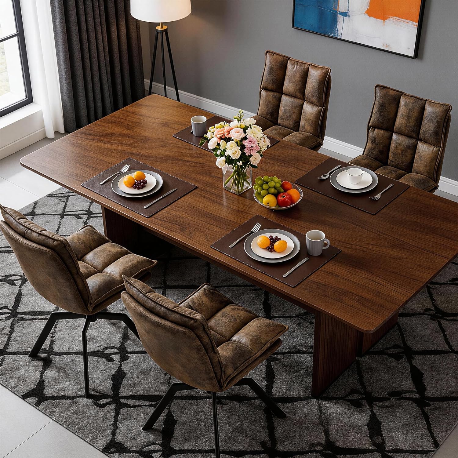 KEEZY Swivel Dining Chairs Set of 2, Mid-Century Modern Chairs with PU Leather, High Back with High-Density Stuffed PP Cotton & Automatic Swivel Metal Legs, Suitable for Kitchen & Living Room（Brown）