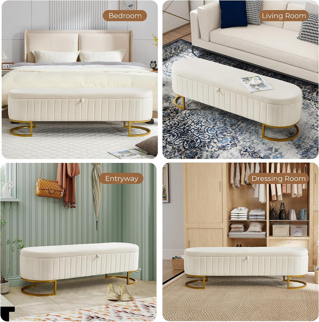 Storage Ottoman Bench, 63" Velvet End of Bed Bench Bedroom Bench King Size with Golden Metal Legs, Upholstered Storage Bench for Bedroom Living Room Entryway and Window, Beige