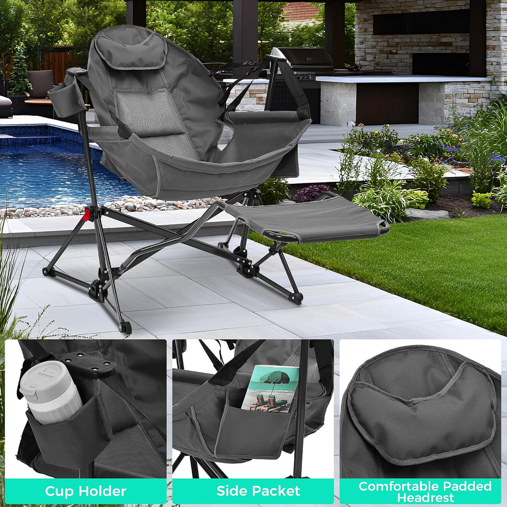Ainfox Hammock Camping Chair with Footrest, Foldable Portable Rocking Chairs for Adults Outside Swinging Camp with Cup Holder Pillow for Outdoor Patio Poolside (Dark Grey)