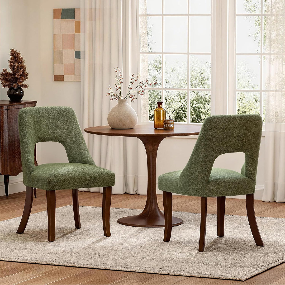 AQO Wooden Dining Chairs Set of 6, Mid Century Upholstered Kitchen Chairs Dining Room Chairs, Chenille Farmhouse Kitchen Chairs Dinner Chair for Kitchen Dining Room, Green