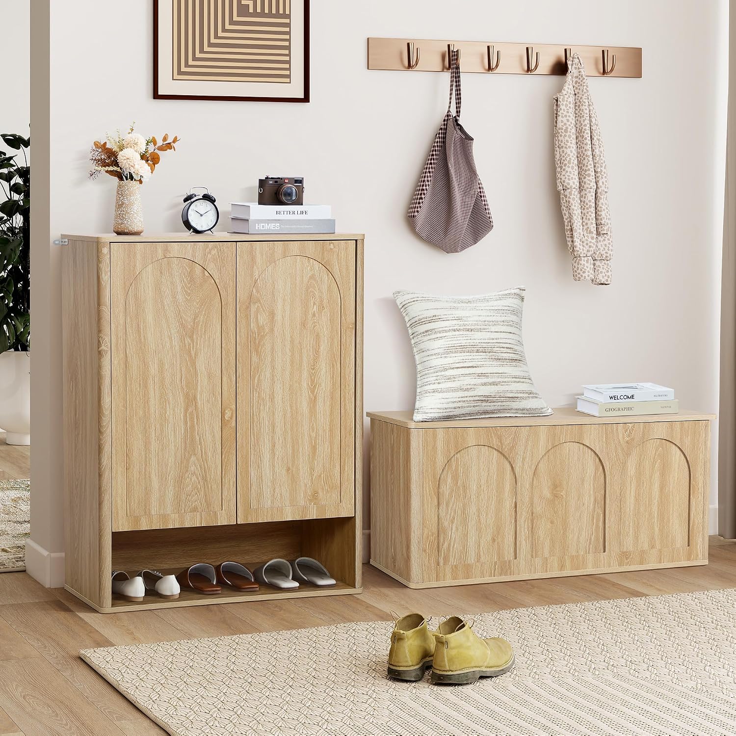 40''W 15''D Foot End of Bed Hidden Storage Bench with Lift Top Storage and Seating, Shoe Trunk Chest Bench Seat for Bedroom, Living Room, Entryway, Hallway, Under Window-Natural