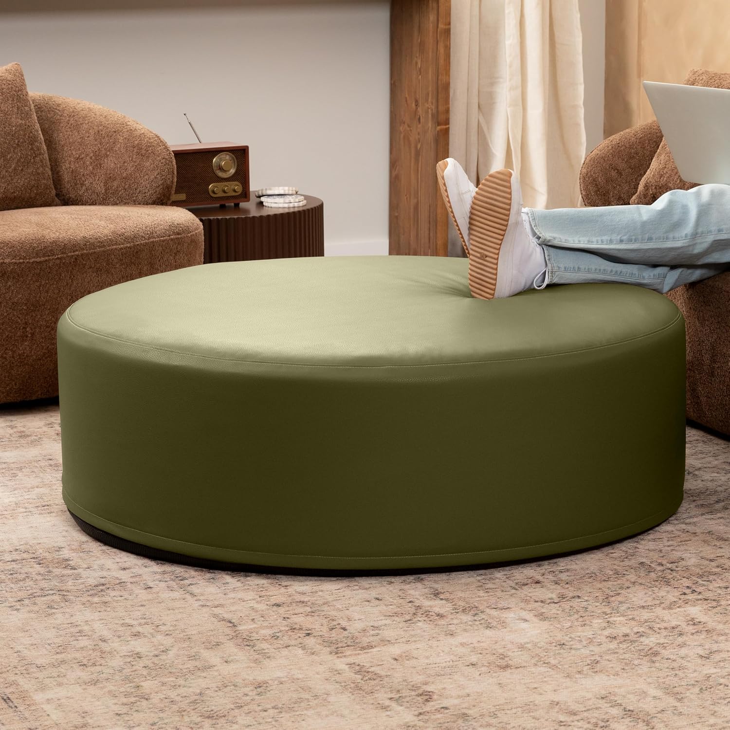 Jaxx Candler Round Couch Ottoman – Oversized Giant Coffee Table Ottoman - Versatile Firm Foam Construction - Kid Safe with Removable Cover, 44”, Premium Faux Leather, Olive Green