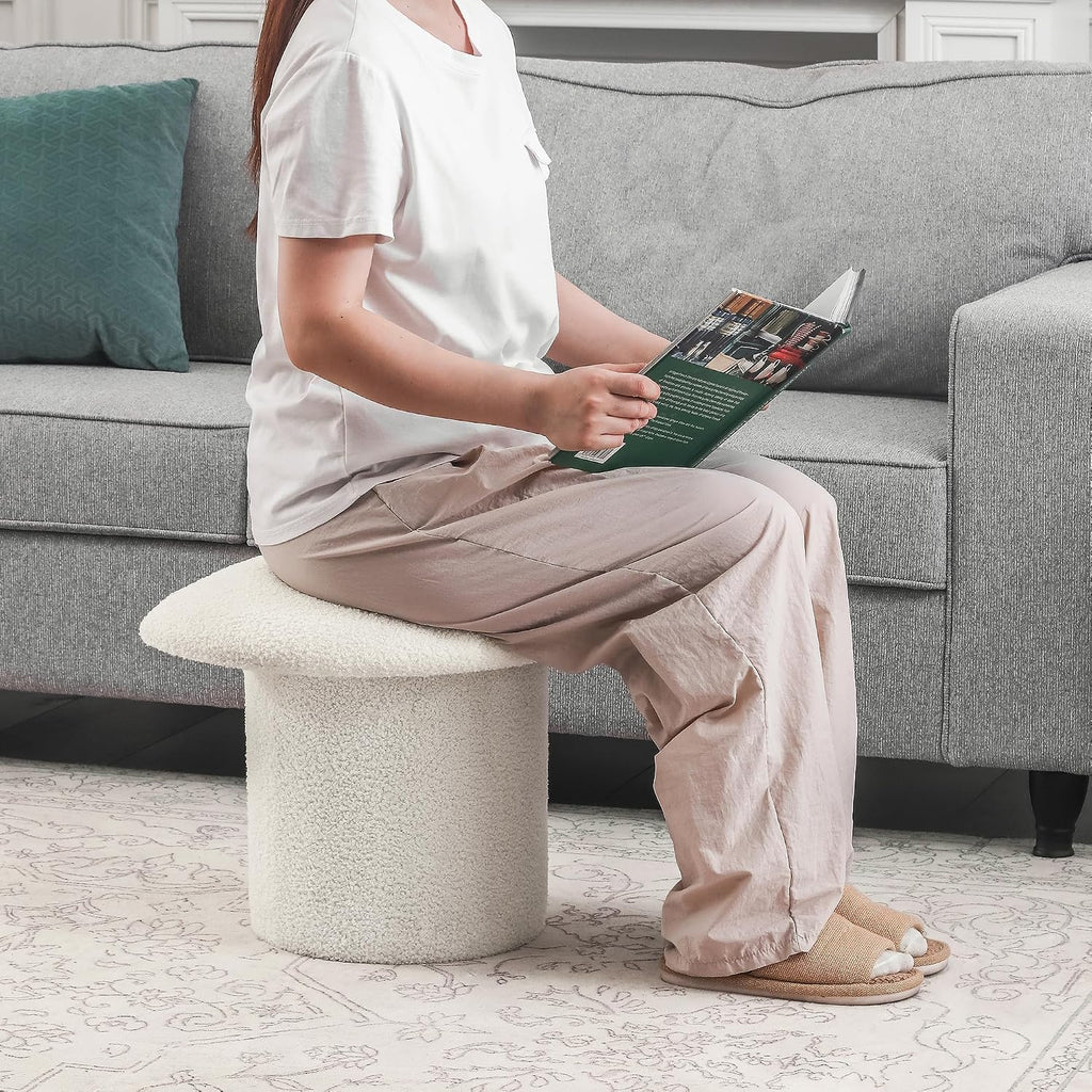 Homebeez Teddy Velvet Modern Round Ottoman, Small Footstool with Padded Seat, Upholstered Vanity Foot Rest Stool Chair for Entryway, Living Room, Bedroom, White