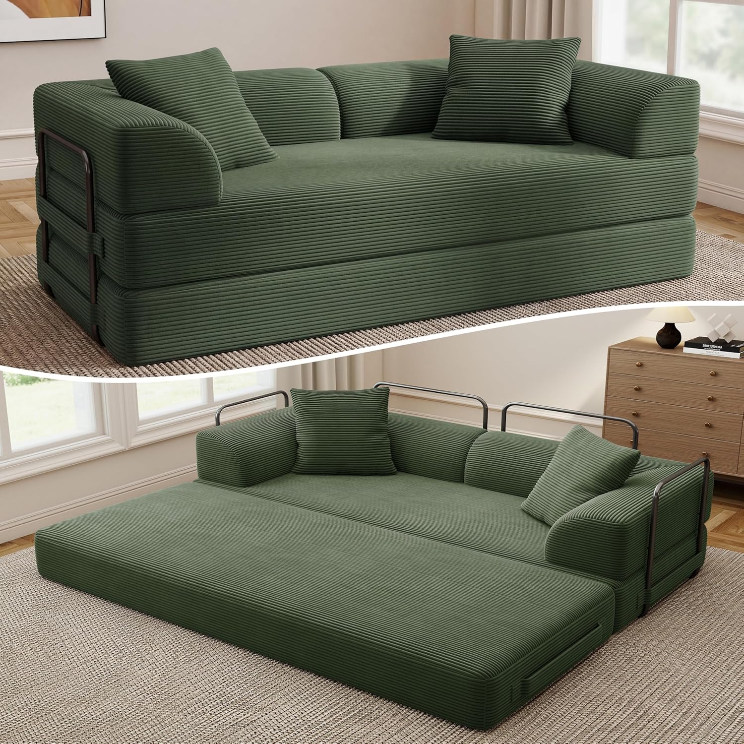 Cloud Couch Futon Sofa Bed, 5-in-1 Convertible Sofa Bed Pull Out Couch Sleeper Sofa Compressed Loveseat, 70" High-Density Sponge & Corduroy Fabric Futon Daybed for Living Room Bedroom(Green)
