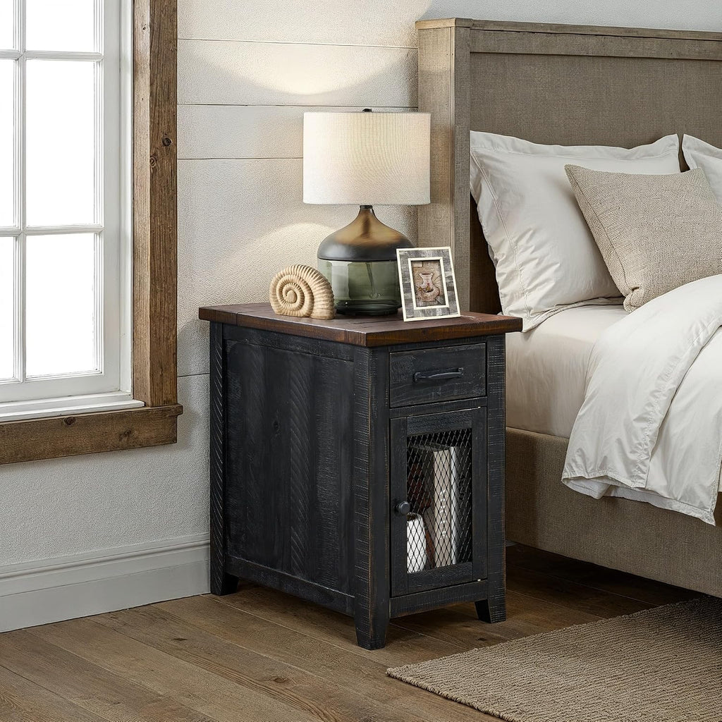 Martin Svensson Home Solid Wood Black and Brown Rustic Chairside End Table with Power and Storage