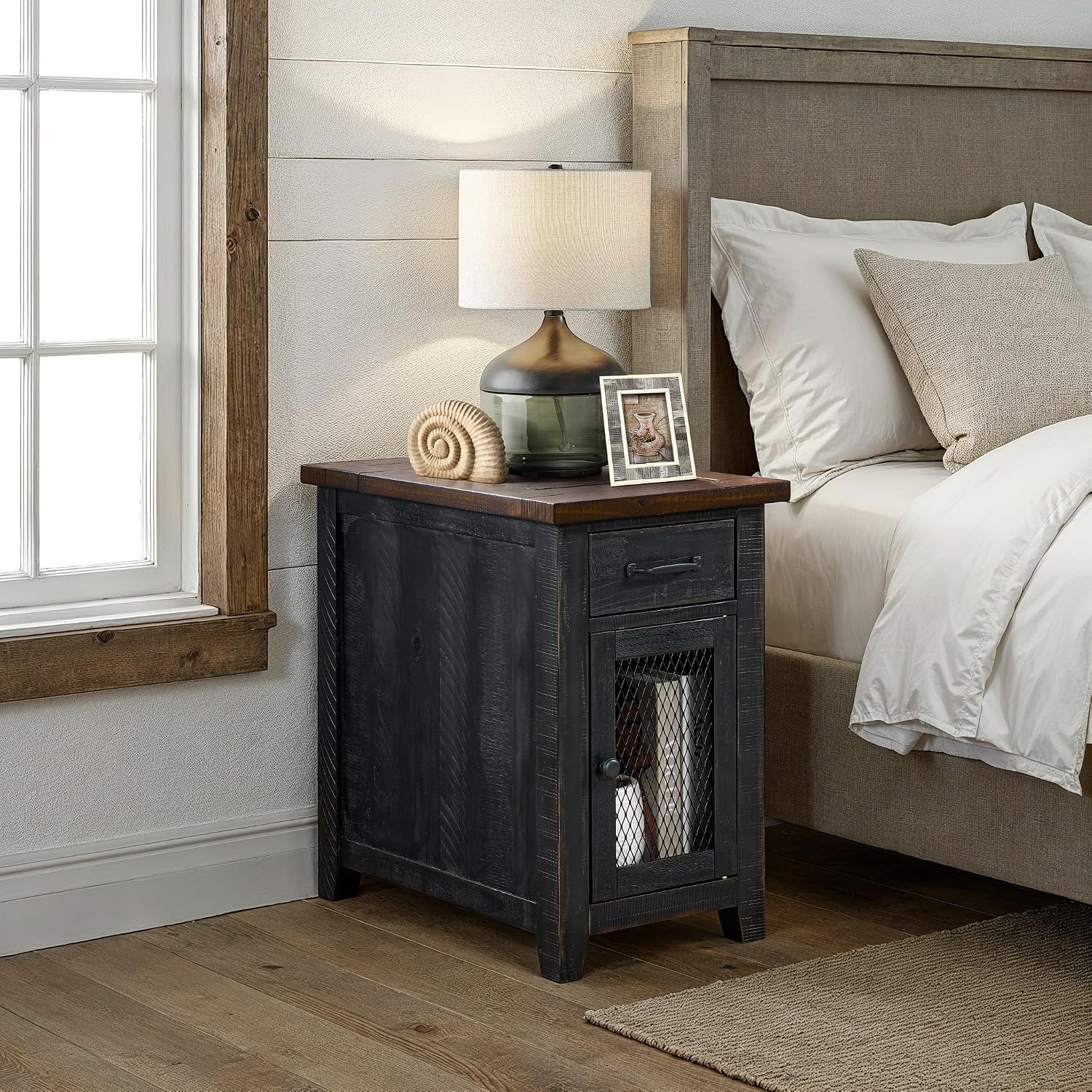 Martin Svensson Home Solid Wood Black and Brown Rustic Chairside End Table with Power and Storage
